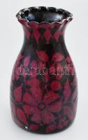 1934, Hódmezővásárhely, ritka fekete alapon lila mintás kerámia váza, jelzéssel, kopással, m: 17 cm
