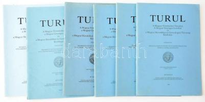 2000-2003 Turul. A Magyar Történelmi Társulat, a Magyar Országos Levéltár és a Magyar Heraldikai és Genealógiai Társaság Közlönye. 6 db szám: 2000/1-2., 2000/3-4., 2001/1-2., 2001/3-4., 2002/1-2., 2003/1-2. füzetek. Bp., Magyar Történelmi Társulat. Kiadói tűzött papírkötés.