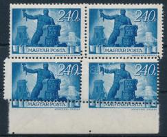 1945 Újjáépítés 240P ívszéli négyestömb nagyon látványosan elfogazva (ráncok, hajtott) / Mi 831 margin block of 4 with shifted perforation (creases, folded)