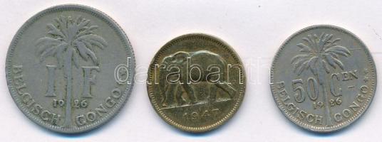 Belga-Kongó 1926. 50c Cu-Ni "I. Albert" + 1Fr Cu-Ni "I. Albert" + 1947. 2Fr T:XF...