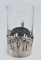 Szecessziós, florális motívumokkal díszített, jelzett ezüst (Ag) pohártartó (nettó: 67 g), üvegbetét...