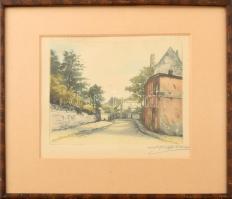 Jean-Louis Forain (1852-1931): Rue Ravignan, Montmarte, Párizs. Színes rézkarc, papír, jelzett. Üvegezett fakeretben. Lapon néhány apró folttal. 16x21,5 cm.