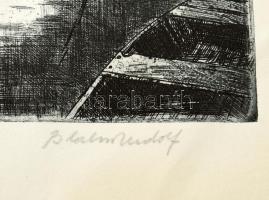 Blahos Rudolf (1917-1986): Tiszán. Rézkarc, papír, jelzett, üvegezett fakeretben, 26×39 cm