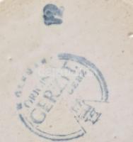 Original Gerzit gyűjtői söröskorsó, oldalán képtáblákban biszkvit porcelán jelenetek, mohaszínű mázz...