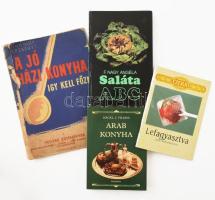 4 db szakácskönyv: Hunyady Erzsébet: A jó házi konyha. Így kell főzni! I. Vegyes sütemények. (sérült); F. Nagy Angéla: Saláta ABC; Häckl J. Vilmos: Arab konyha; Monspart Éva: Lefagyasztva. Változó állapotban.