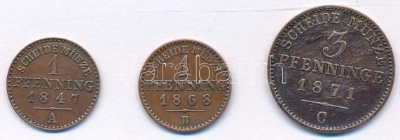 Német Államok / Poroszország 1847A 1pf Cu + 1868B 1pf Cu + 1871C 3pf Cu T:AU az egyiken kis ph German States / Prussia 1847A 1 Pfenning Cu + 1868B 1 Pfenning Cu + 1871C 3 Pfenninge Cu C:AU small edge error on one