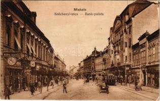 1916 Miskolc, Széchenyi utca, Bankpalota, villamos, üzletek. Vasúti levelezőlapárusítás 5646. (EK)