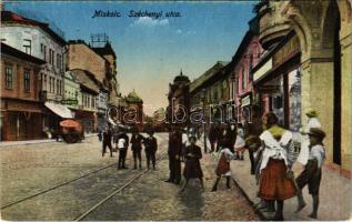 1917 Miskolc, Széchenyi utca, villamos, Pannonia kávéház, üzletek. Orosz Ferenc kiadása