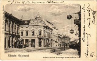 1900 Miskolc, Erzsébet tér és Széchenyi utcai részletek, gyógyszertár, Lichtmann Lipót üzlete. Lövy József fia kiadása (EK)