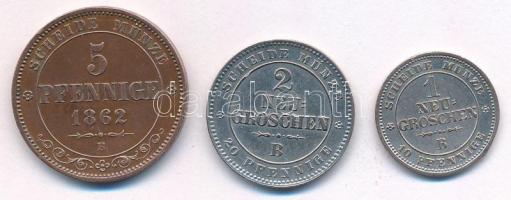 Német Államok / Szászország 1862B 5Pf Cu + 1864B 2gr (20pf) Ag + 1865B 1gr (10pf) Ag T:AU,XF kis ph Germany / Saxony 1862B 5 Pfennig Cu + 1864B 2 Groschen (20 Pfennig) Ag + 1865B 1 Groschen (10 Pfennig) Ag C:AU,XF small edge error