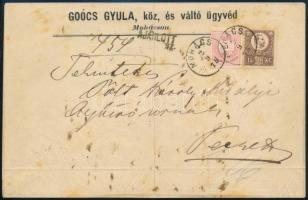 1875 Réznyomat 15kr sárgásbarna és Színesszámú 5kr vegyes bérmentesítés ajánlott levélen / Mi 12 yellowish brown + 17 mixed franking on registered cover "MOHÁCS" - Pécs