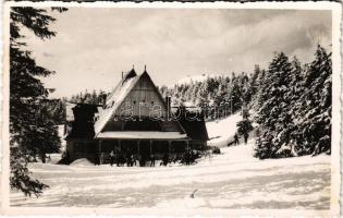 Madarasi-Hargita, Harghita-Madaras; menedékház, síelők, téli sport / tourist house, winter sport, skiers. photo (fl)