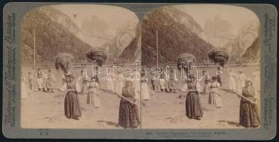 1898 Ausztria, feliratozott, datált, keményhátú vintage sztereó fotó a széna begyűjtéséről, 8,8x17,5 cm