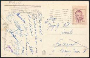 1949 A Ferencvárosi Tornaclub győztes csapat tagjainak aláírása képeslapon a Sparta Praha elleni (9:1) győztes mérkőzésről Deák,  Kocsis, Czibor, Budai és más Aranycsapat játékosok aláírásaival / Autograph signed postcard of the Hungarian Ferenvaros team from their 9:1 victorious match in Prague