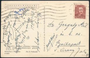 1952 A magyar Aranycsapat győztes csapat tagjainak aláírása képeslapon a Lengyelország elleni 5:1-re megnyert mérkőzésről Varsóból Kocsis Sándor, Puskás Ferenc, Hidegkuti, Buzánszky és mások aláírásaival / Autograph signed postcard of the Hungarian football Golden Team team from their 5:1 victorious match from Warsaw.