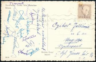 1954 A magyar Aranycsapat tagjainak aláírása képeslapon a Stockholmból Kocsis Sándor, Puskás Ferenc, Bozsik, Lóránt Buzánszky és mások aláírásaival Czibor Zoltán feleségének / Autograph signed postcard of the Hungarian football Golden Team team from Stockholm