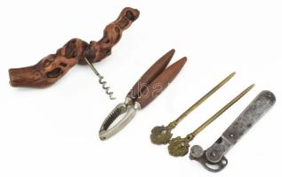 5 darab antik tárgy: diótörő, dugóhúzó, levélbontók, konzervbontó