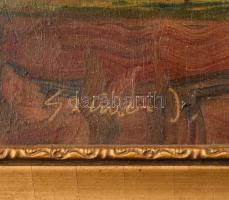 Szimon Jenő (1902-1978): Csendélet szirmokkal. Olaj, fa. Jelzett. Dekoratív fakeretben, 19x24 cm