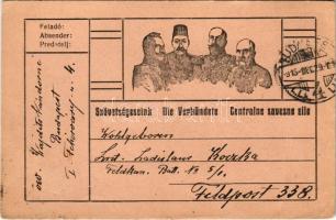 1916 Szövetségeseink - Első világháborús tábori postai levelezőlap a Központi Hatalmak uralkodóival: V. Mehmed, I. Ferdinánd, II. Vilmos, Ferenc József / Die Verbündete / WWI Austro-Hungarian K.u.K. military field postcard, Viribus Unitis and Central Powers propaganda: Mehmed V, Ferdinand I of Bulgaria, Wilhelm II, Franz Joseph I of Austria. Feldpostkarte (EK)