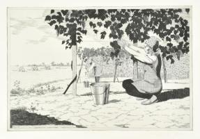 Szunyoghy András (1946-): Befejeződött a mezőgazdaság szocialista átszervezése. Rézkarc, papír, jelzett. 24x36 cm