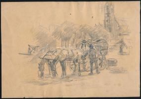 Egerváry Potemkin Ágost (1858-1930): Vásári jelenet. Ceruza, ceruza, papír, jelzett, kétoldalas 20x2...