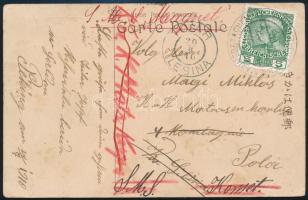 1910 Képeslap 5h bérmentesítéssel Pekingből a bokszerlázadás időszakából osztrák hadihajóról küldve / Postcard with 5h franking from China