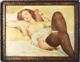 Fried Pál (1893-1955): Női akt. Olaj, vászon, jelzett. Dekoratív, sérült fakeretben, 60×80 cm / Pál Fried (1893-1955). Lying nude woman. Oil on canvas, signed, framed