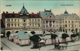 1914 Újvidék, Novi Sad; Ferenc József tér, Grand Hotel Mayer szálloda, sörcsarnok, Takarékpénztár, Első Magyar Biztosító Társaság főügynöksége, cukrászda / square, hotel, beer hall, savings bank, insurance company, confectionery (EK)