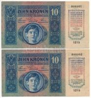 1915. 10K (2x) sorszámkövetők 1215 896961 - 1215 896962 T:AU / Hungary 1915. 10 Korona (2x) consecutive serials 1215 896961 - 1215 896962 C:AU Adamo K11