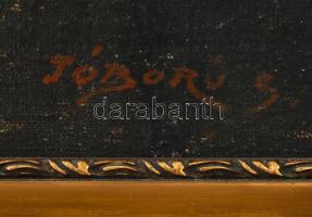 Jóború jelzéssel: Csendélet tájban. Olaj, vászon, kissé sérült. Dekoratív, kissé sérült fakeretben. ...