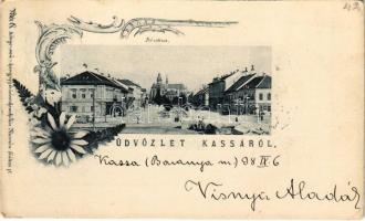 1898 (Vorläufer) Kassa, Kosice; Fő utca, piac, Adriányi üzlete. Vitéz A. kiadása / main street, market, shops. Art Nouveau, floral (EK)