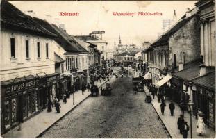 1908 Kolozsvár, Cluj; Wesselényi Miklós utca, Pap, Ifj. Buzetzkó Domokos, Baumzweig, Kovács József üzlete, Pannonia szálloda. Lepage Lajos kiadása / street view, shops, hotel (fa)