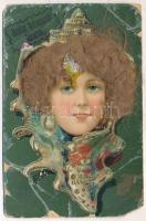 Boldog karácsonyi ünnepek! Hölgy igazi hajas rátéttel / Christmas greeting art postcard, lady with real hair. litho (EM)