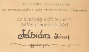 1939 Kárpát Csoport Parancsnokság dicsérő oklevele gyalogos részére, "Kárpátalja" országré...