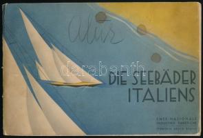 Die Seebäder Italiens. (Róma, 1934), E.N.I.T., 259 p. Fekete-fehér képekkel illusztrálva. Német nyelven. Kiadói illusztrált papírkötés, kissé sérült, foltos borítóval, laza, részben szétváló fűzéssel.