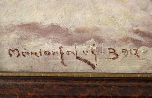 Mártonfalvy jelzéssel, XX. sz első fele: Séta a hóban. Olaj, karton. Dekoratív, kissé sérült fakeret...