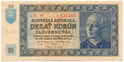 Szlovákia 1939. 10K SPECIMEN perforációval, Fe 59 233462 T:AU / Slovakia 1939. 10 Korun with SPECIMEN perforation, Fe 59 233462 C:AU Krause 4.s