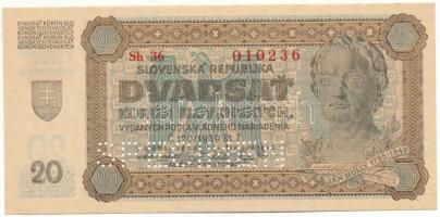 Szlovákia 1942. 20K SPECIMEN (MINTA) perforációval, Sh 36 010236 T:AU / Slovakia 1942. 20 Korun with SPECIMEN perforation, Sh 36 010236 C:AU Krause P#7