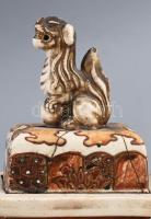 2 darab antik japán fedeles váza, négy lábon áll, állatfigurás díszítéssel, sérült, hiányos, fedelek...