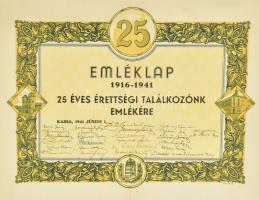 1941 Kassa, "Emléklap 25 éves érettségi találkozónk emlékére", 1916-1941, grafikus oklevél számos aláírással. Kassa, "Wiko"-ny., középen hajtott, 40,5x30,5 cm