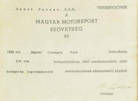 1949 A Magyar Motorsport Szövetség oklevele Rábel Ferenc részére, az 1949. évi Magyar Országos Túra ...