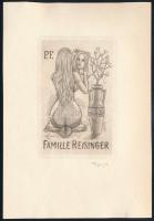 Tempinszky István (1907-1979): Erotikus ex libris, Famille Reisinger. Rézkarc, papír, jelzett, 8×5,5 cm