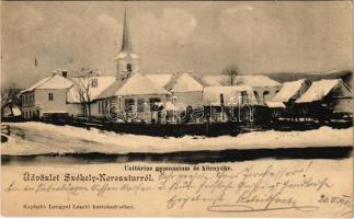 1902 Székelykeresztúr, Cristuru Secuiesc; Unitárius gimnázium és környéke télen. Lengyel László kiadása / Unitarian grammar school in winter (EK)