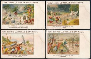 cca 1900 Caffés Torréfiés litho reklámkártya, 4 db, foltos