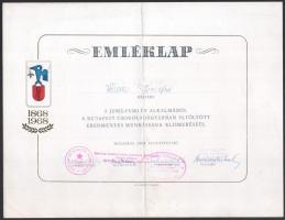 1968 Bp., a Budapest Csokoládégyár (Stühmer-gyár) jubileumi év alkalmából kiállított emléklapja, aláírásokkal, középen hajtott, 32,5x25 cm