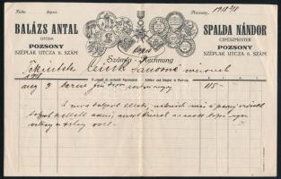 1918 Pozsony Spalda Nándor cipészmester fejléces számla