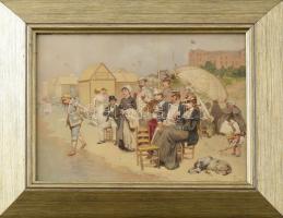 P jelzéssel: Strandjelenet, Trouville, Franciaország, 1892. Olaj, fatábla. Fakeretben. 20x26,5 cm / Beach scene, Trouville, France. Oil on wood, signed P 92, framed