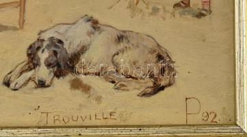P jelzéssel: Strandjelenet, Trouville, Franciaország, 1892. Olaj, fatábla. Fakeretben. 20x26,5 cm / ...