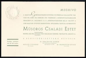 1942 Meghívó a Magyar Görögkatolikus Egyetemi és Főiskolai Hallgatók Vasvári Pál Köre által rendezett műsoros családi estre, díszes dombornyomott címerrel, jó állapotban, 20x13 cm