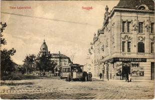 1909 Szeged, Tisza Lajos körút, Markovics Lajos üzlete, villamos. Grünwald Hermann kiadása (EK)